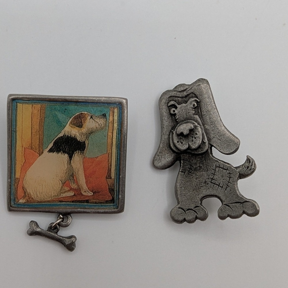 Vintage Marjolein Bastin 1999 & Metzke Pewter Dog Brooch Pin Set Silver Tone 2pc